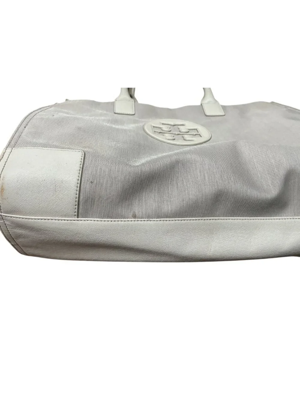 Tory Burch Ella Gray Canvas Tote White Leather Trim Large Logo Shoulder Bag